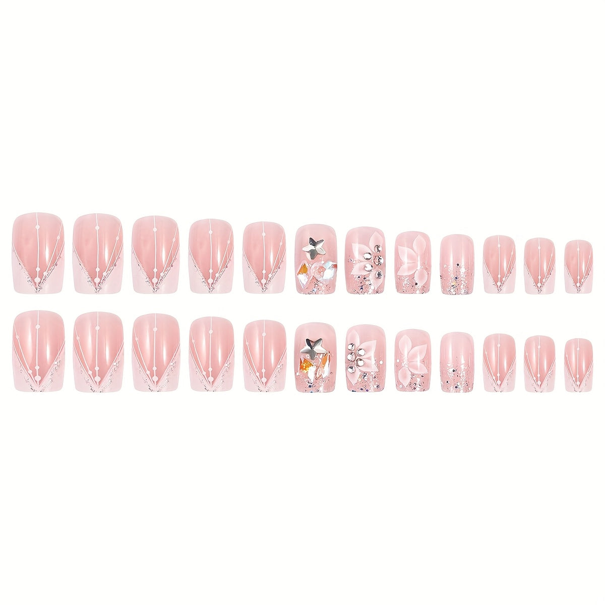 24pcs Elegant French White Glitter Flower Short Square Press-On Nails with Jelly Adhesive Tabs & Nail File - Nude & Fair Tone, Glossy Finish, Wearable Artificial Nail Set, Nail Art Decor|Floral Nail Design|Shiny Finish, Nail